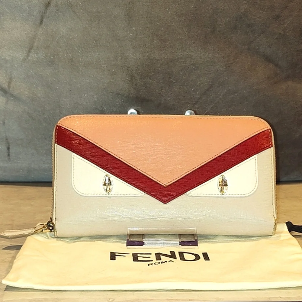 FENDI VITELLO ELITE CRYSTAL EYE  COLORBLOCK MONSTER ZIPPY LONG Wallet & DUSTBAG